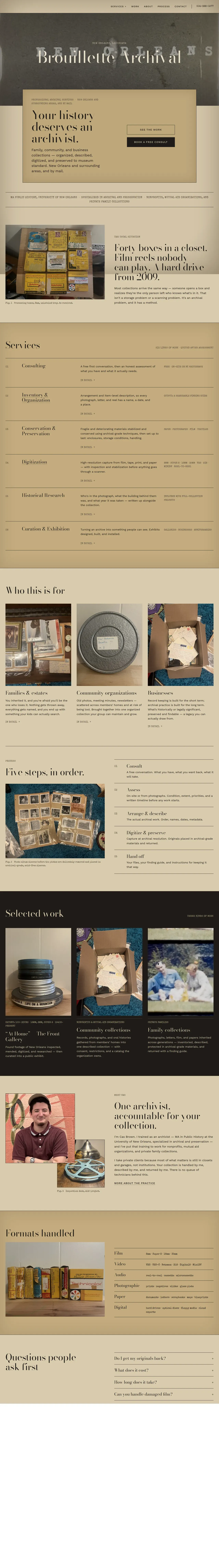 Full-page view of the Brouillette Archival website, scrolling inside the frame